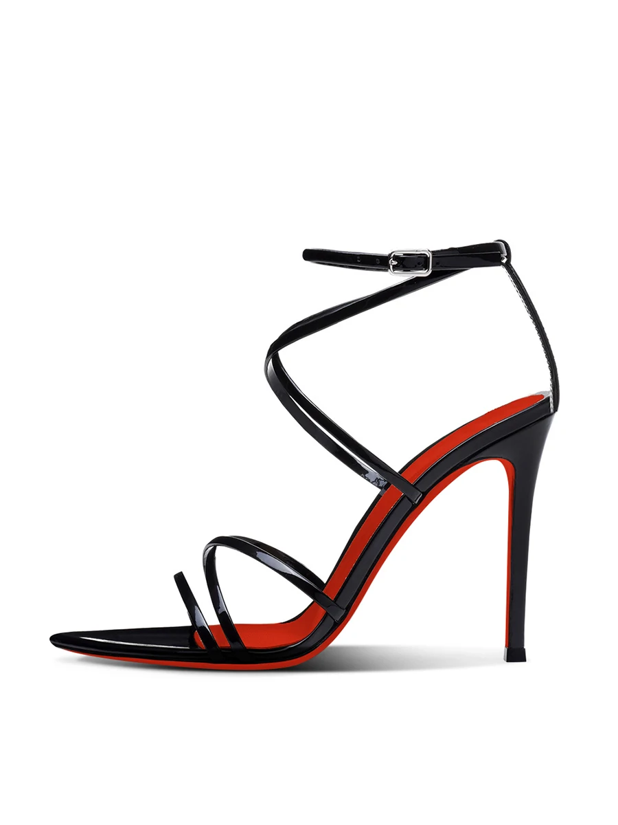 New silver pointed toe exposed cross straight strap sandals with slim heels for women, red soled high heels, fashion shoes