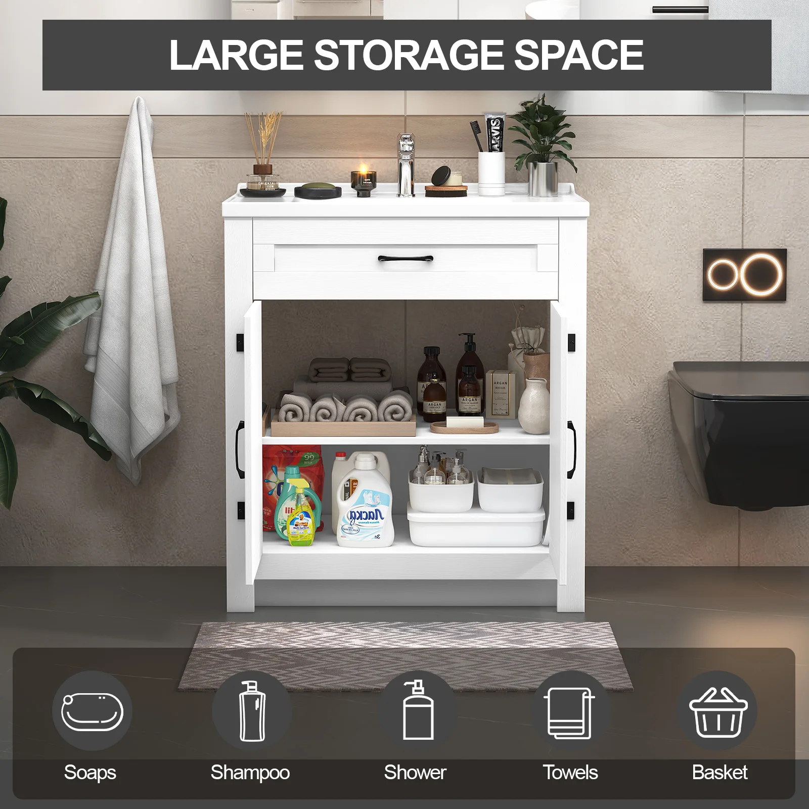 Vanité de salle de bain de 31 pouces avec lavabo simple en céramique, meuble de salle de bain en bois autoportant, nouveau