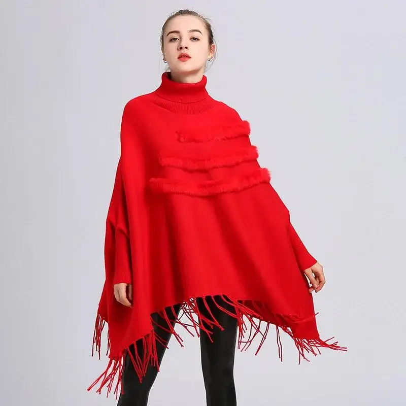 Suéter LARGO DE PUNTO ahuecado para mujer, prendas de punto, capas de manga de murciélago, Círculo de piel sintética, Poncho suelto, tejido de punto, 11 estilos, Invierno