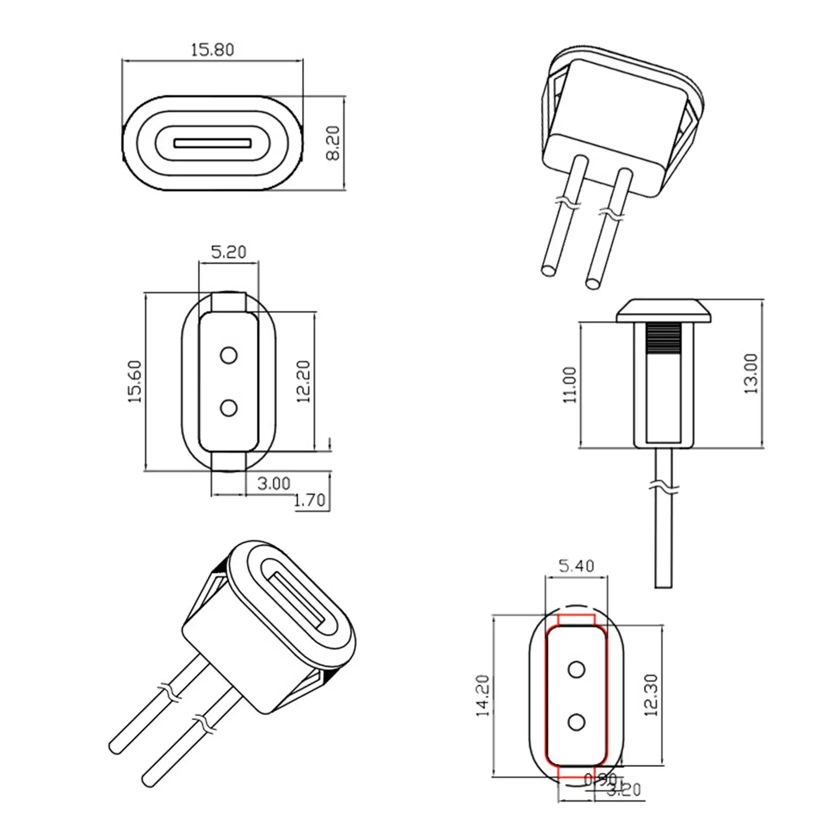 USB C Connector Female Socket Power Cable to 2 Pin Wire Replacement Accessories