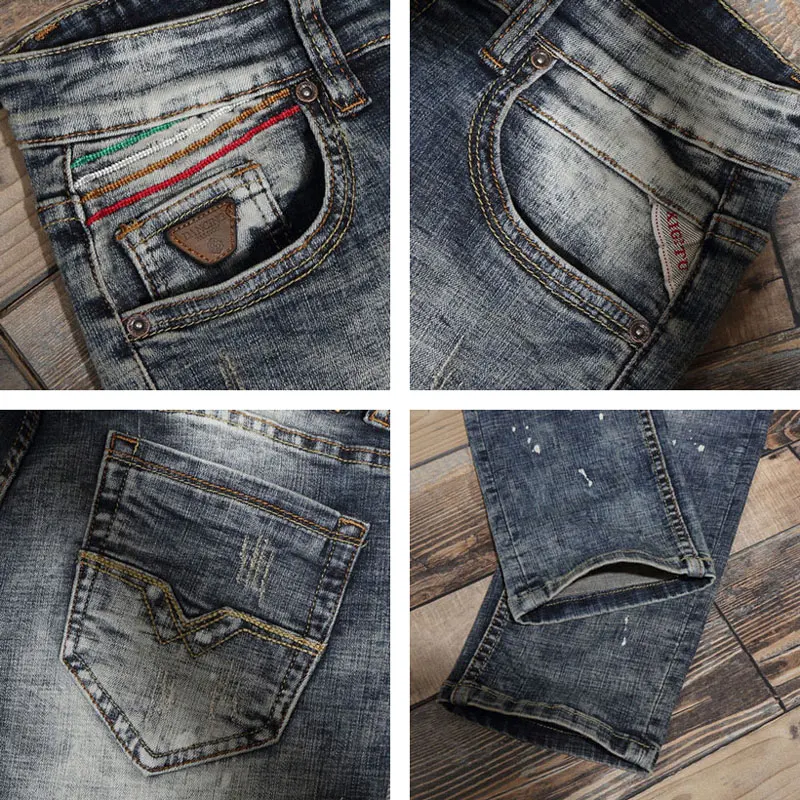 Fashion Trendy Men Jeans Retro Washed Gray Blue Elastic Slim Fit Painted Ripped Jeans Men Vintage Designer Denim Pants Hombre