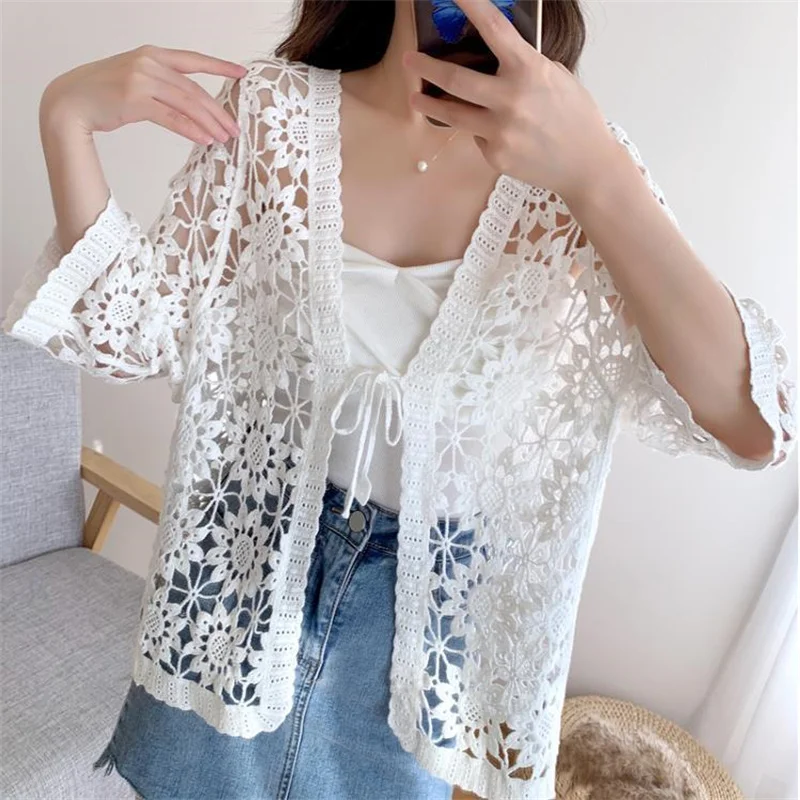 Cotton Openwork Knitted Sunscreen Clothing Women\'s Summer Tide Loose Cardigan V-neck and Cropped Sleeve air Conditioning Shirt