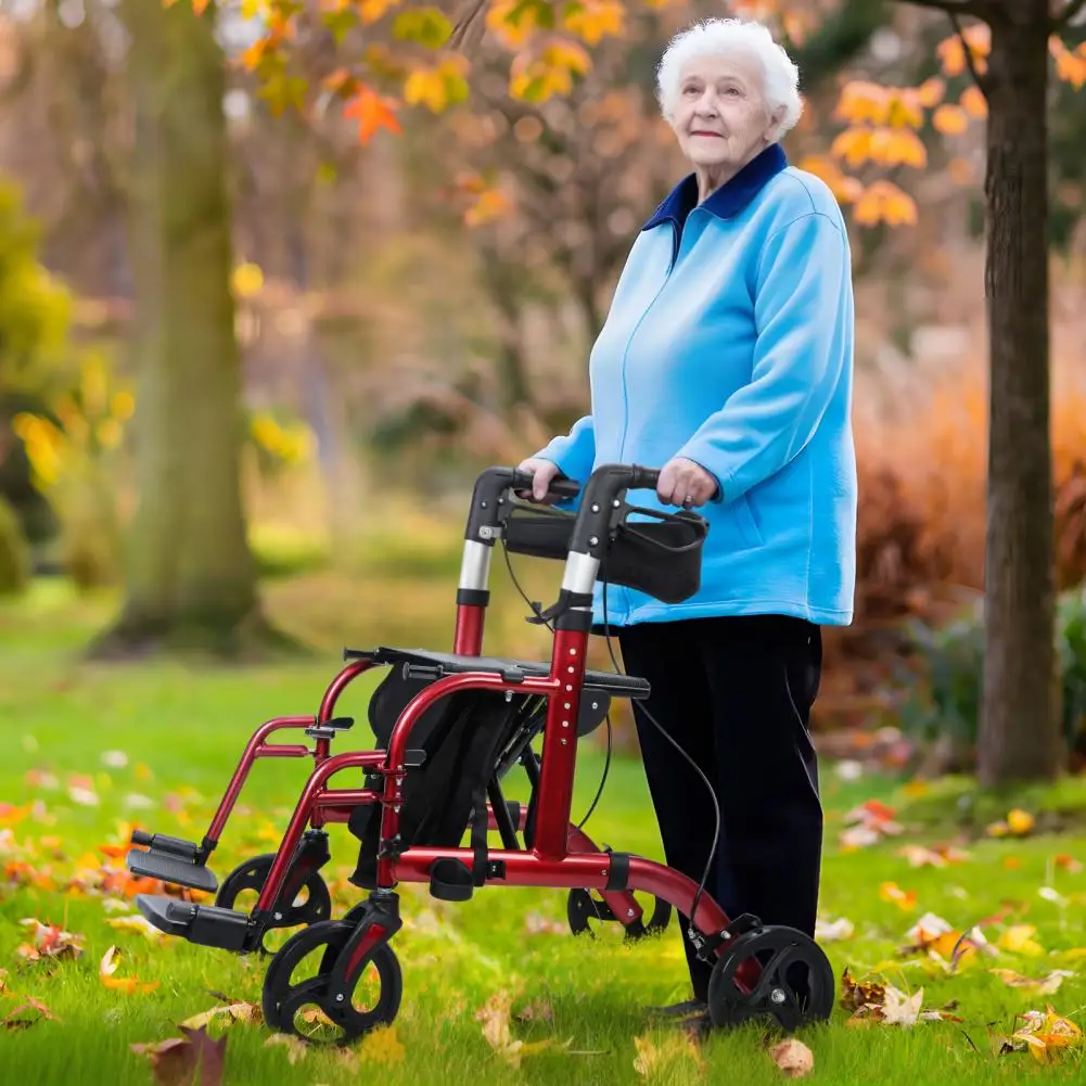 Andadores para personas mayores ajustables en altura mejorados, andador de 4 ruedas con asiento y frenos, ayuda para caminar liviana y plegable, rojo