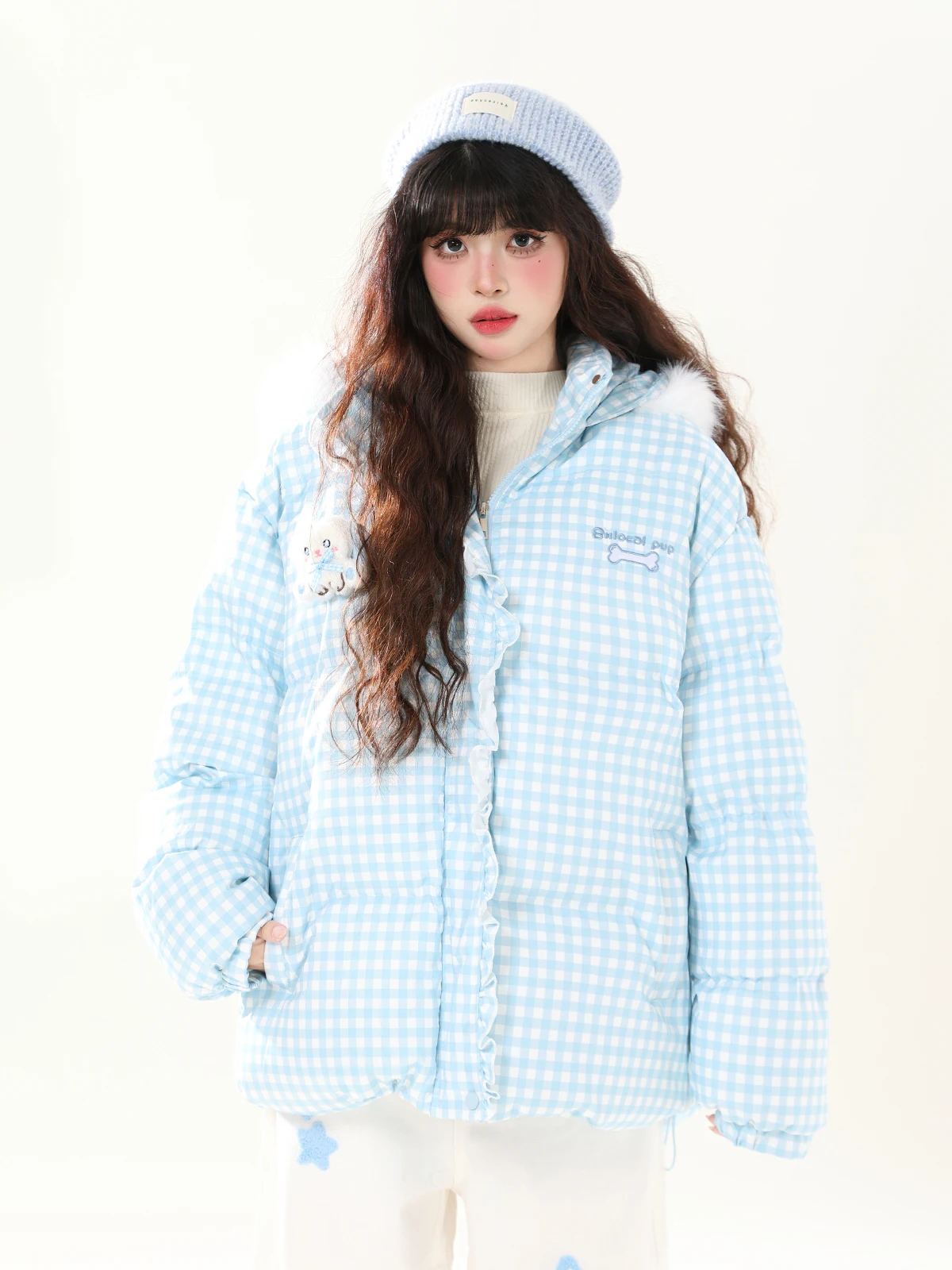 

ENJOG Утепленная хлопковая куртка с капюшоном и кружевной отделкой, женское зимнее пальто, теплое, в клетку, с длинными рукавами, на молнии, повседневное