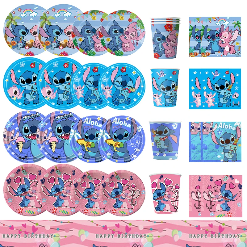 Disney Stitch Birthday Party Decorations Blue Pink Theme Tableware Set Lilo And Stitch Paper Cups Plates Tablecloth For Kids