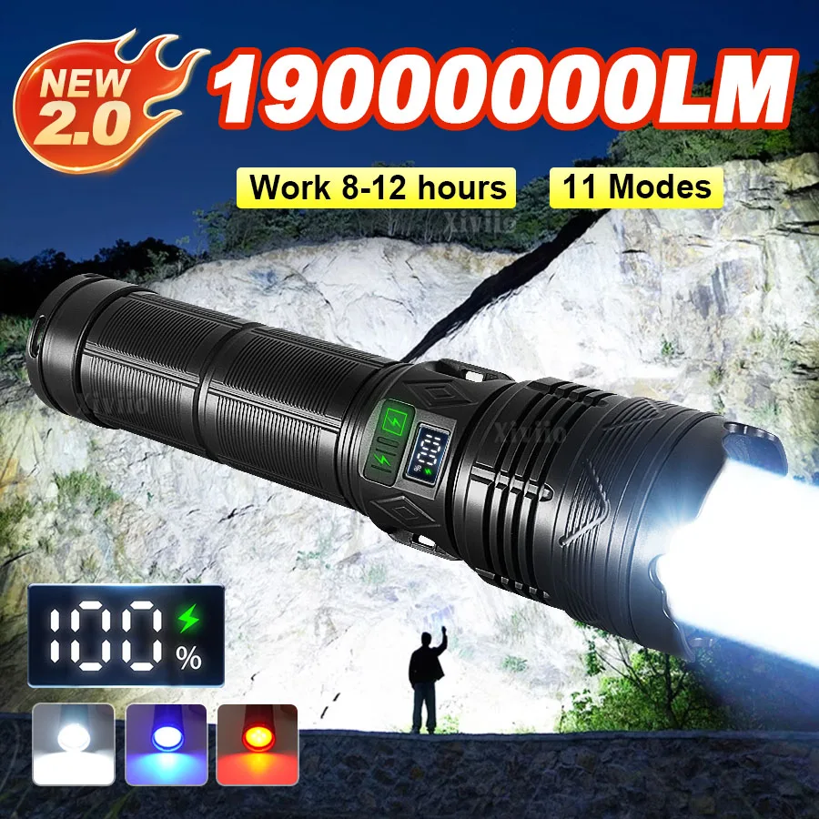 

1900000LM Мощные светодиодные фонарики 11 режимов Type-C Перезаряжаемый фонарь Long Shot Мощный фонарик Тактический фонарь для кемпинга