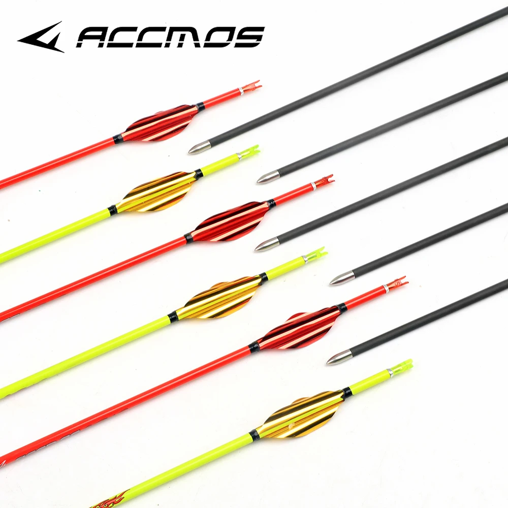 12pcs Pure Carbon Arrow ID 4.2mm 32in Spine 400-1000 Orange/Yellow Archery Shaft with Spiral Vanes or Teardrop Vanes