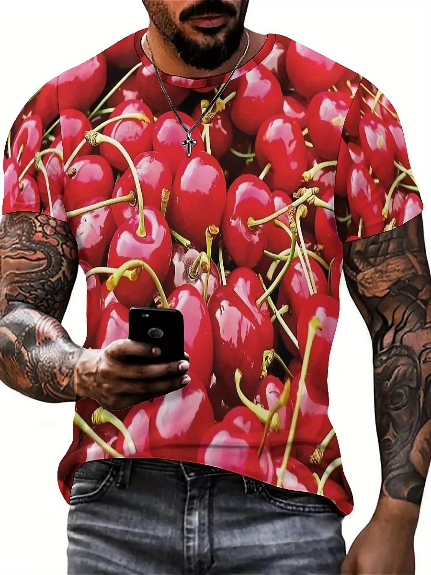 Men's 3D Print Geometric Abstract Art T-Shirt - Vibrant Red Cherry Design, High-Quality Polyester, Loose Fit Casual Streetwear