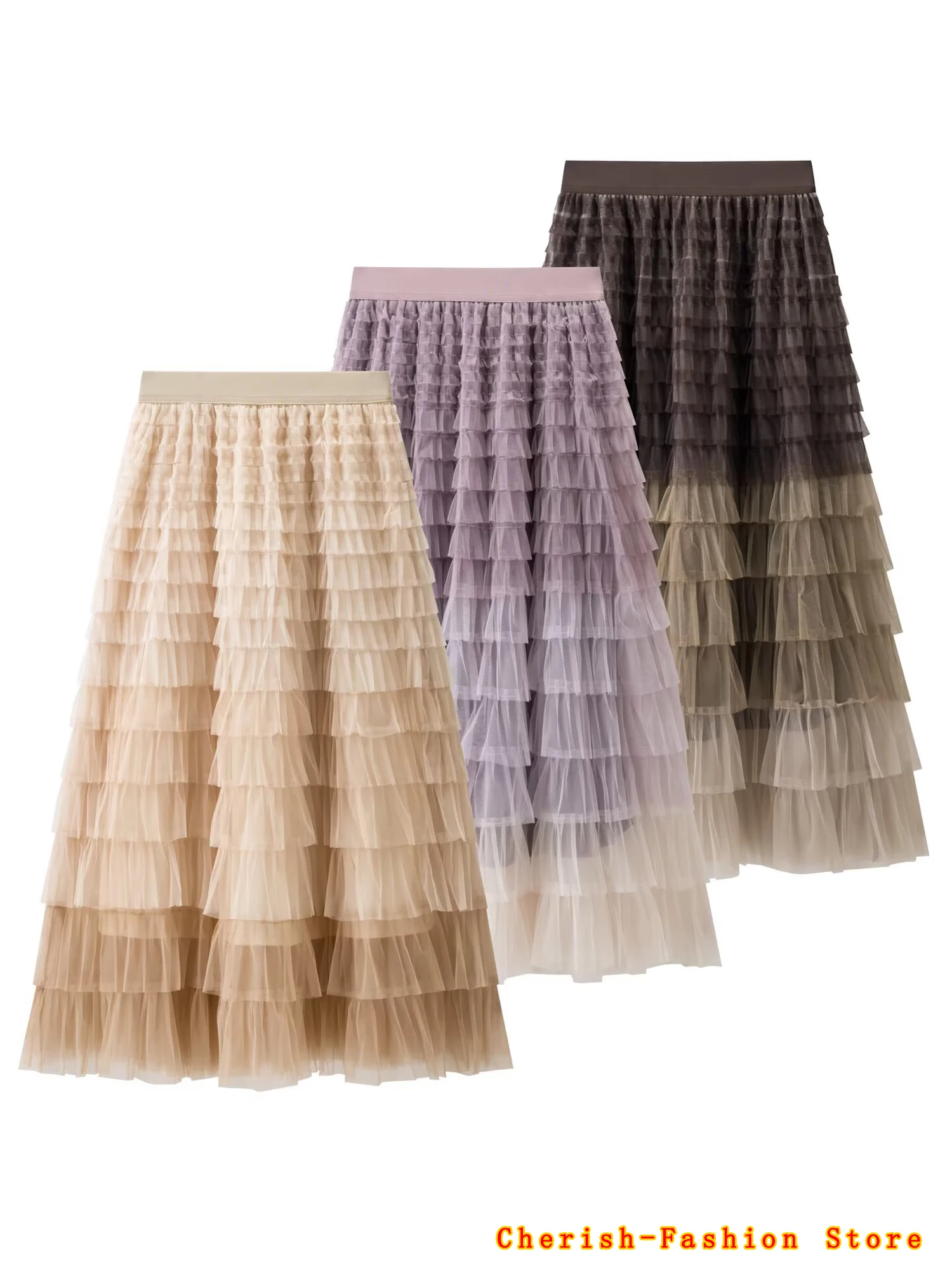 حار التباين اللون متعدد الطبقات كشكش شبكة تنورة المرأة بوهو عالية الخصر طويل ماكسي تول تنورة الربيع الصيف ملابس نسائية للحفلات #2