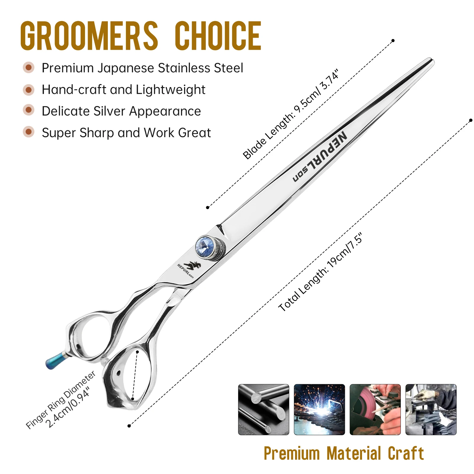 High-end 7.5inch JP440C  Left Hand Single Tail Nail Blue Diamond Straight Scissors Pet Cutting Grooming Scissors Only left hand