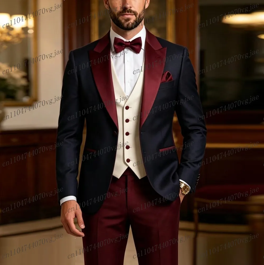 

Темно-синий, бордовый, белый мужской костюм для свадьбы, вечеринки, деловых встреч, смокинг для жениха, индивидуальный пошив, комплект из 3 предметов: пиджак, жилет, брюки