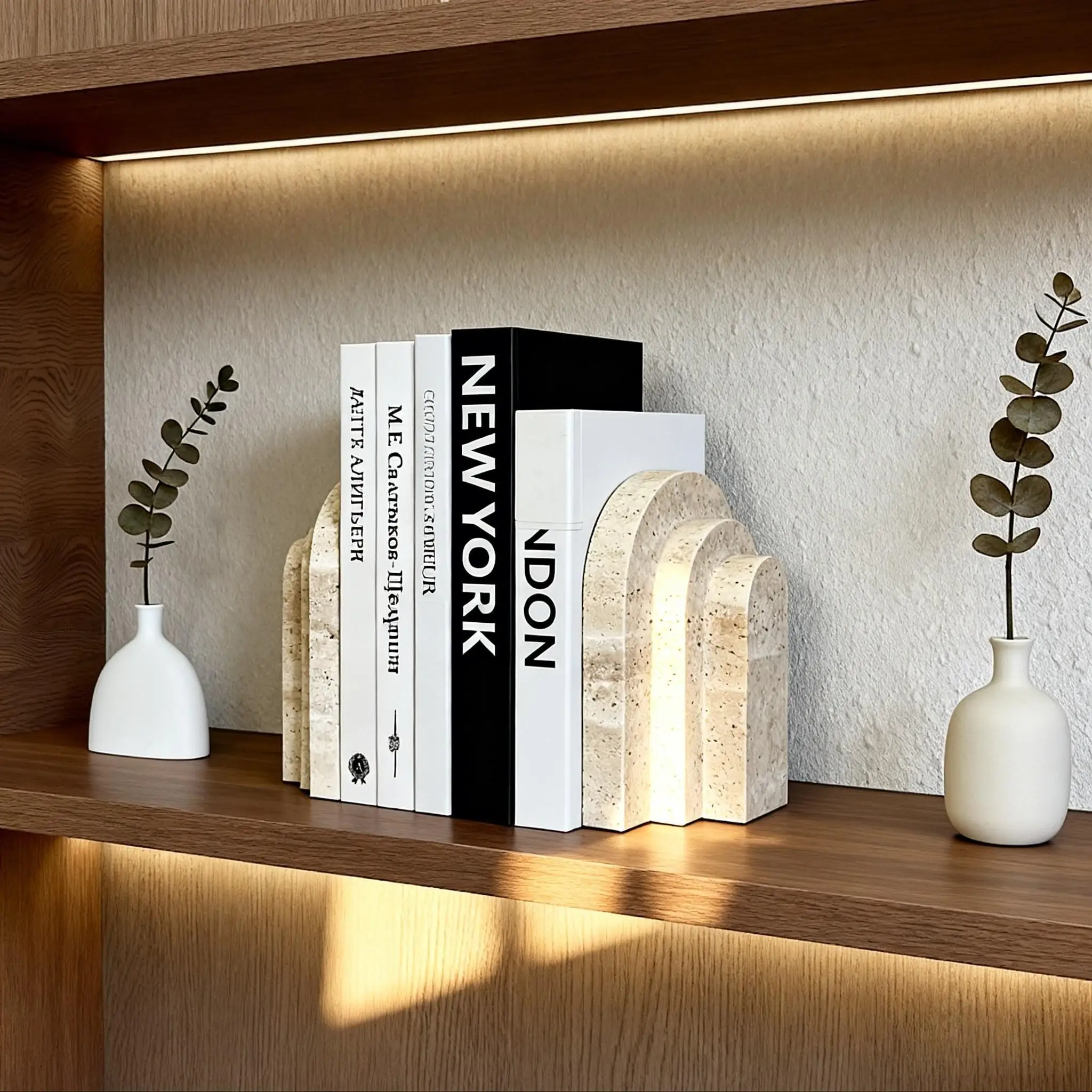 1 Piece Travertine Natural Marble Bookend, Stone Modern Decorative Desk Accessories for Home  Living Room, Office & Bookshelf