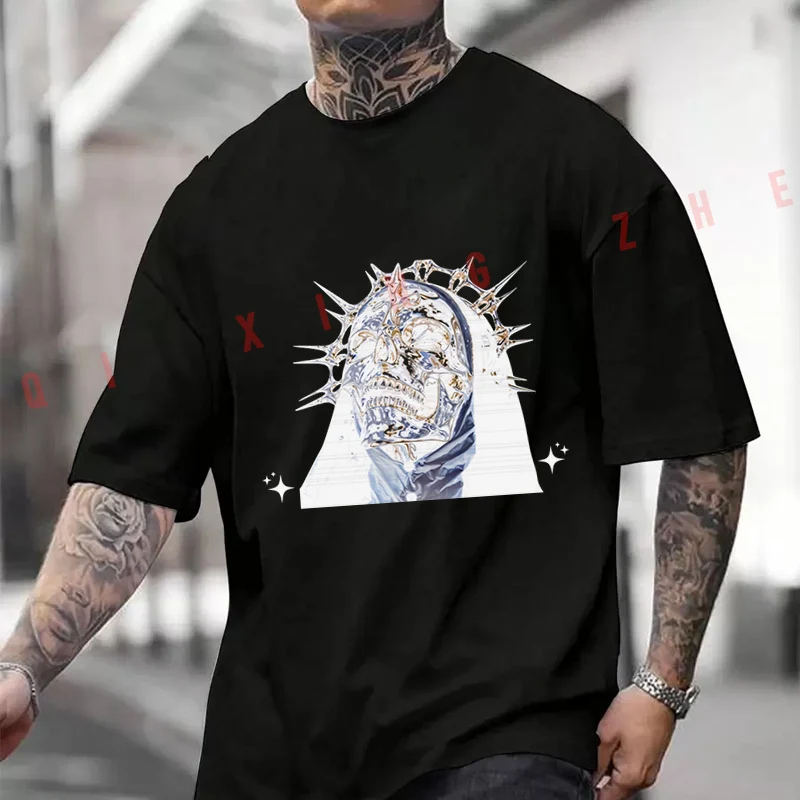 

2026 Shirt Cotton Casual T-shirts Spiked Halo Helmet Skull Cyber Gothic Design Men's Summer Moto Cycling Sportswear Top Tee