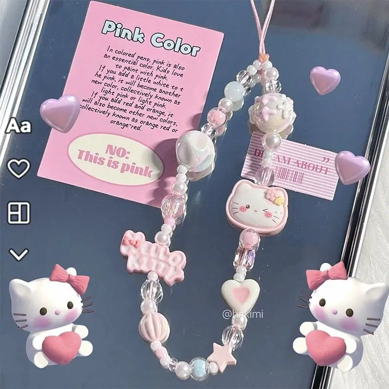 Kawaii Sanrio Hello Kitty Original Beaded Pink Hand-painted Cute Phone Chain CCD Anti-lost Camera Rope Lanyard Decoration