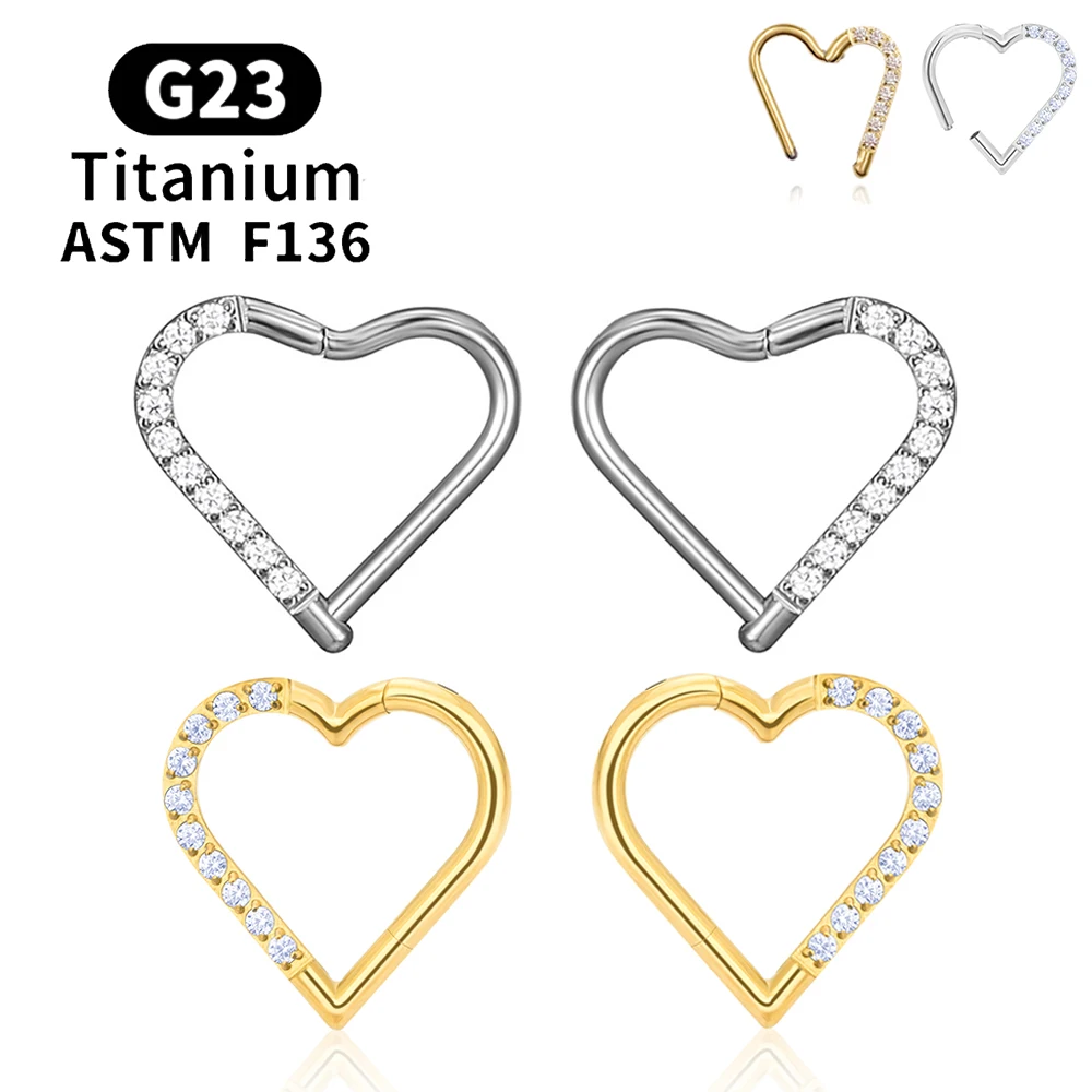 1Pair G23 Titanium Left/Right Heart Earrings Zircon Jewelry Fashion Heart-shaped Circle Ear Piercing Jewelry Accessories