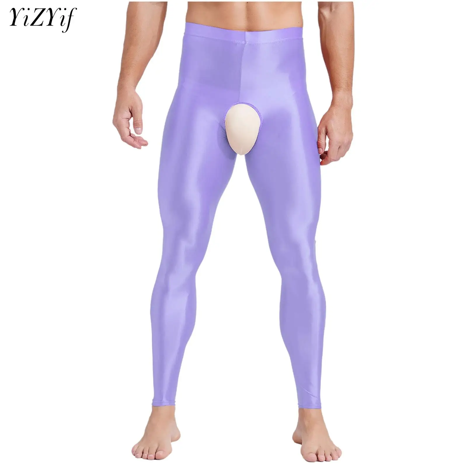 Mallas ajustadas de Color liso para hombre, mallas brillantes de cintura alta con entrepierna abierta, lencería Sexy, pantalones de noche, pantalones de fiesta porno para Club