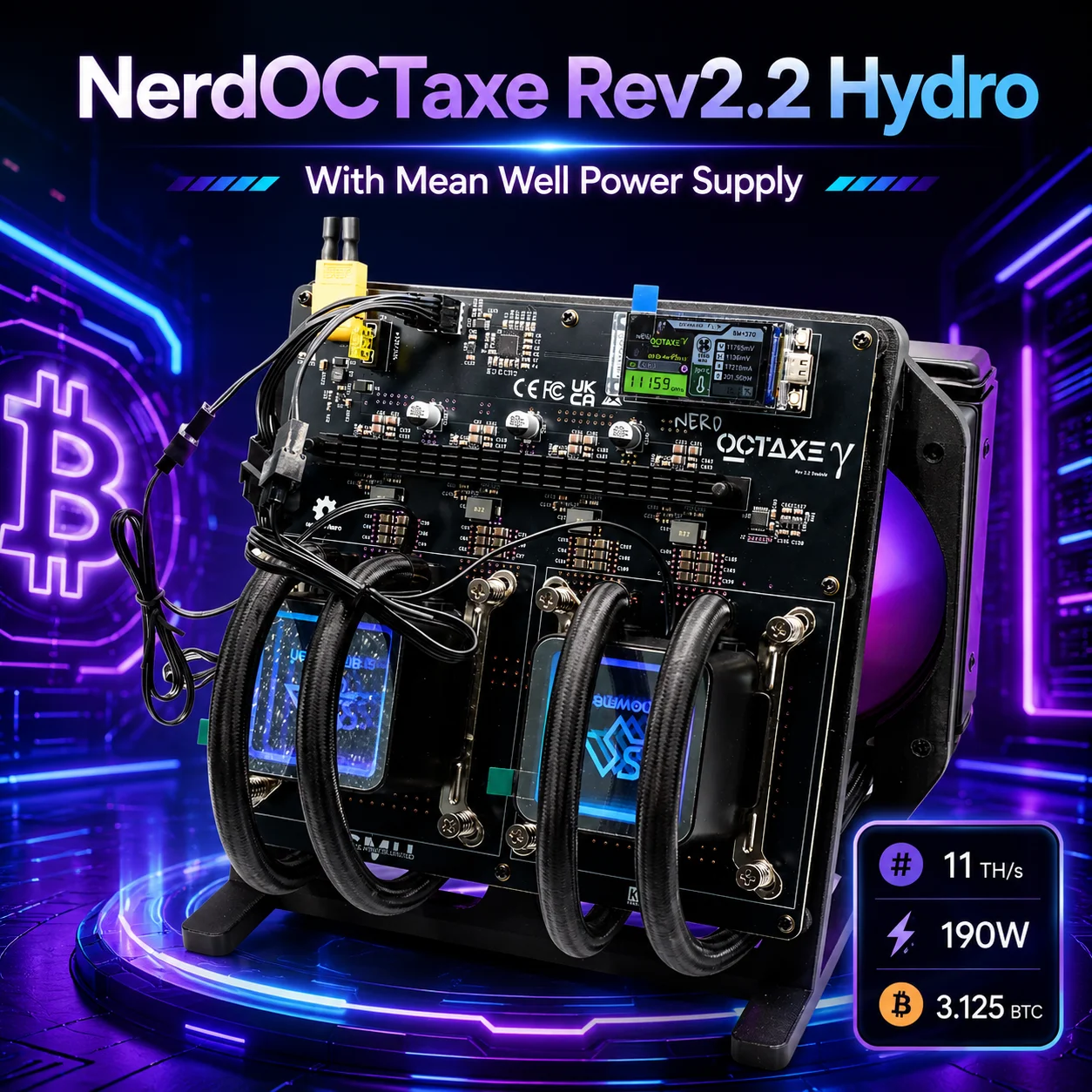 Nerdoctaxe Rev2.2 Hydro 11Th/s 190W  BM1370  Chip Open Source Home Bitcoin Miner With Mean Well Power Supply