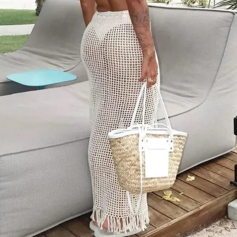 Sexy Knit Hollow Out Beach Skirt Women Chic Drawstring Tassel High Waist Long Skirt 2025 New Casual Pool Party Swimwear Cover Up
