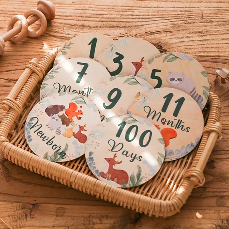 8Pcs Baby Wooden Milestone Cards 0-12 Monthly Memorial Cards Leaf Wooden Engraved Age Photography Accessories Newborn Birth Gift