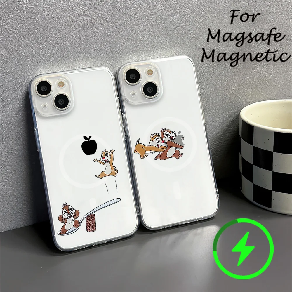 MINISO Cute Naughty Chip 'n' Dale Phone Case For IPhone 15 14 13 12 11 Transparent Magnetic Suction Cover