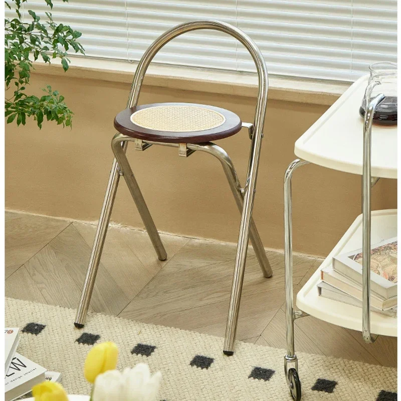 

Middle Ancient Style Dining Chairs Vintage Rattan Weaving Dressing Chair Home Folding Counter Stools Electroplating Bar Chair