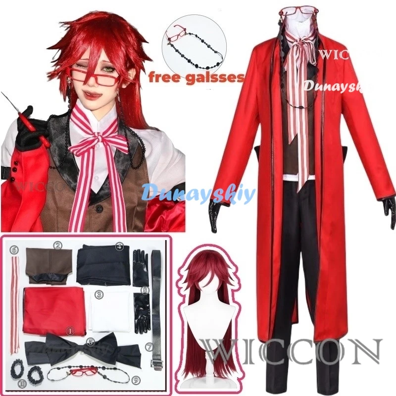 Black Butler Grell Cosplay Sutcliff Michaelis Costume Wig Uniforms Anime Cosplay Halloween Party Unisex Fancy Red Suit Glasses