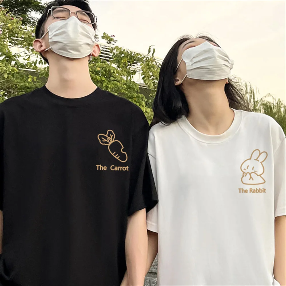 Korean Street Style 100% Cotton Couple T-shirt Tee Cartoon Cute Rabbit Carrots Print Men Women Top Streetwear Clothes