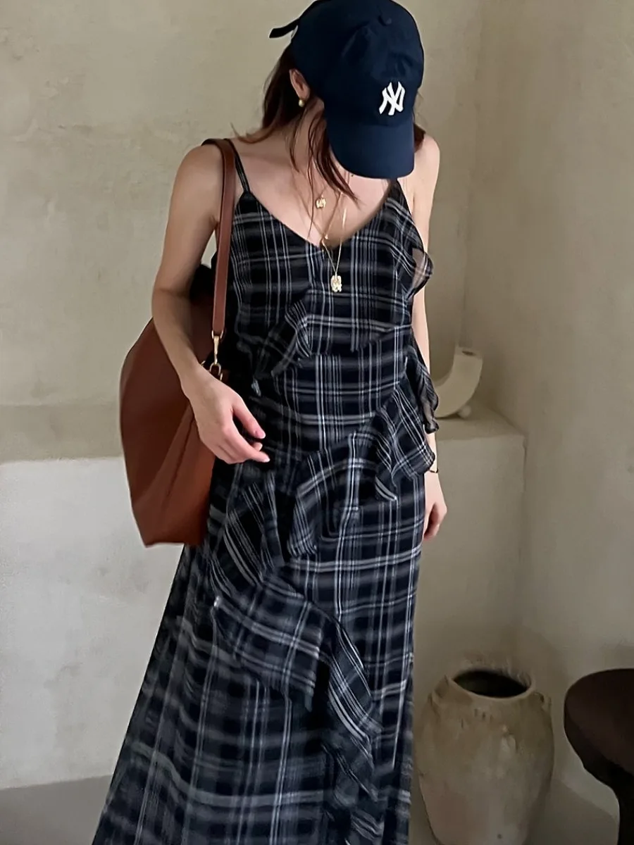 Summer Vintage Gingham Print Halter Dress Women's Asymmetrical Splice Elegant Design Midi Length Sleeveless Spring Autumn
