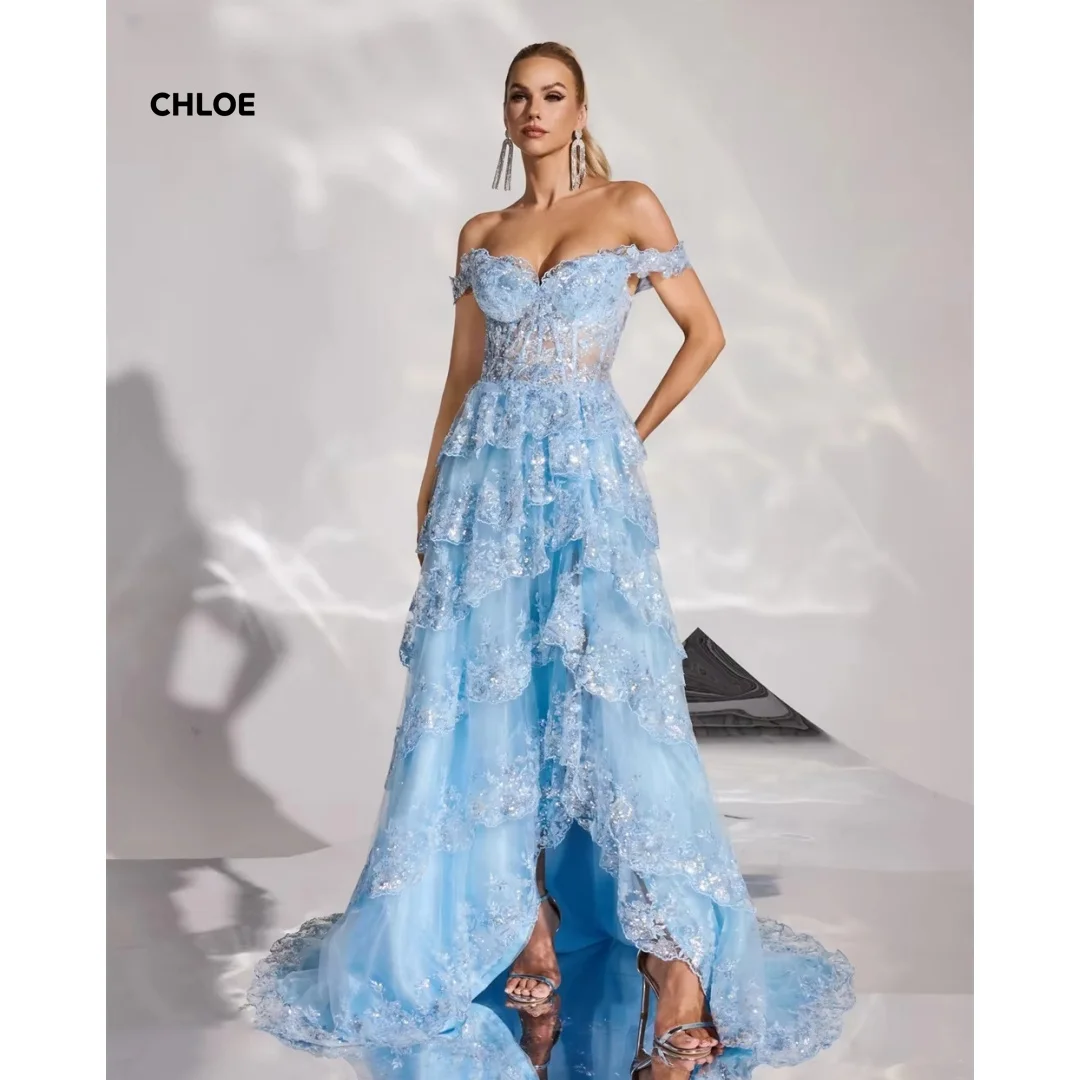 

Line A Woman Party Dresses for Special Occasions Sleeveless Bespoke Occasion Dresses Blue Customized Ball Gowns Multi-layer Prom