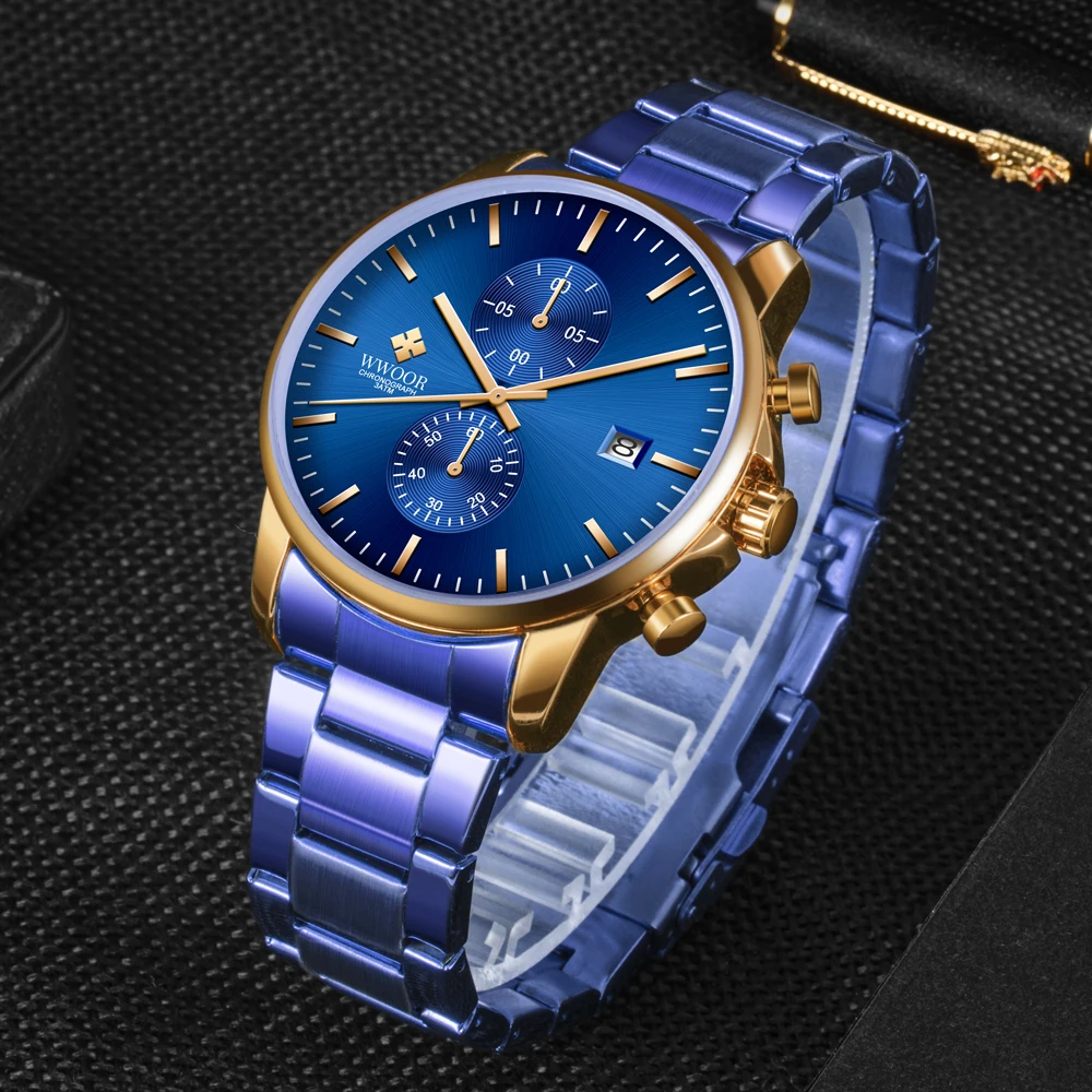 WWOOR Top Brand Luxury Watches for Man Quartz Sports Men Watch Waterproof Military Sports Stainless Steel Chronograph Men Clock