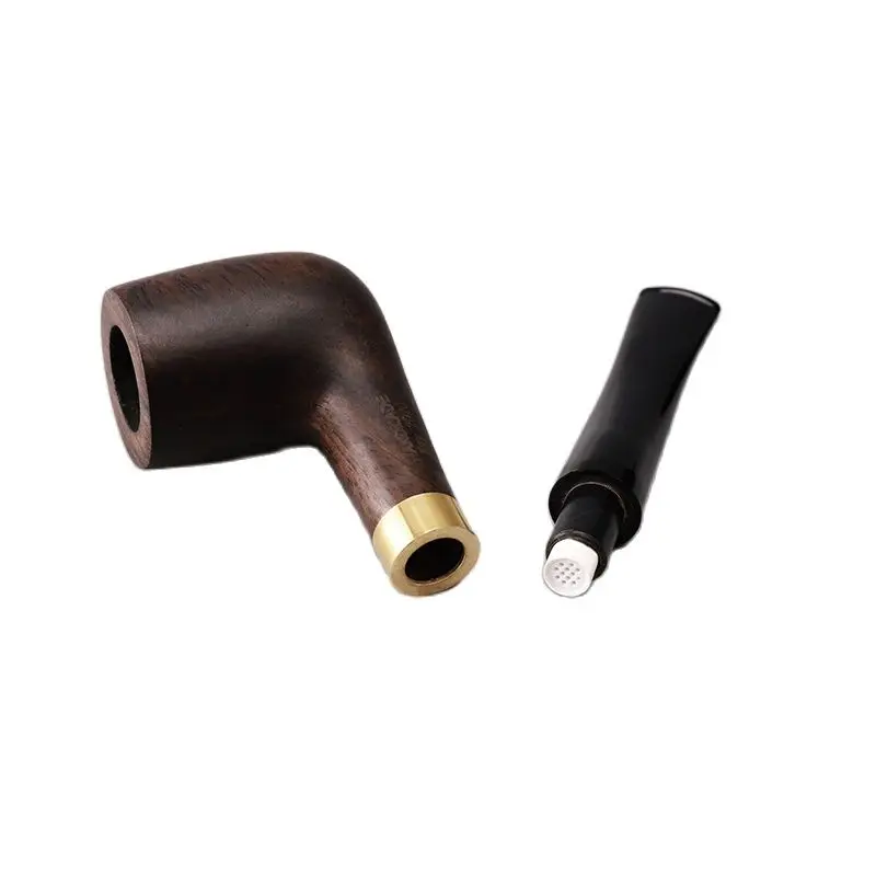 RU-New Handmade Ebony Wood Black Smoking Pipes Tobacco Pipe 9mm Filter Wooden Pipe Gift for Grandfather Father ac0015