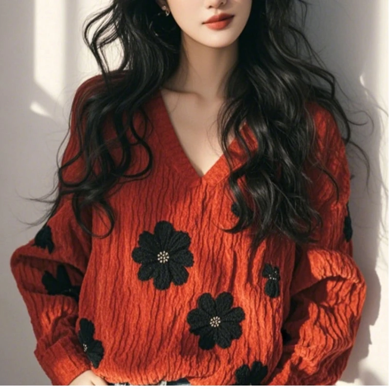 

High Street Printing Loose V Neck Tops Spring Autumn New Long Sleeve Corduroy Fashion T Shirts Casual Lazy Style Women Clothing