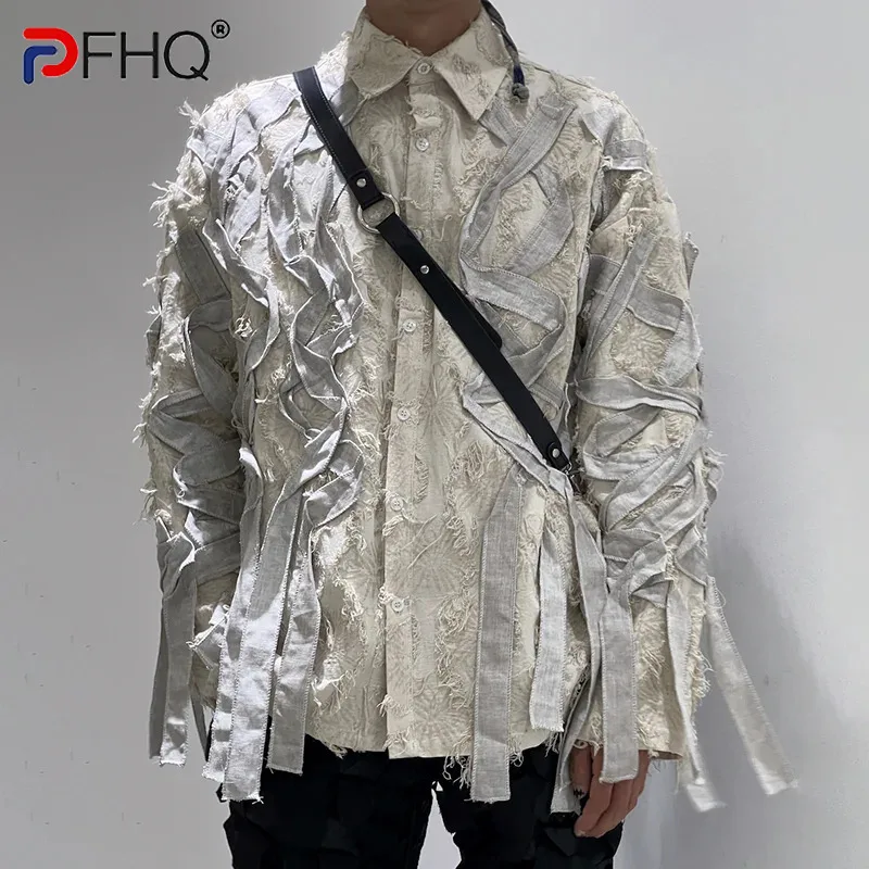 PFHQ Men\'s Niche Patchwork Shirts Haute Quality Single Breasted Ribbon Design Summer Male Baggy Delicacy Lape Tops New 21Z4825