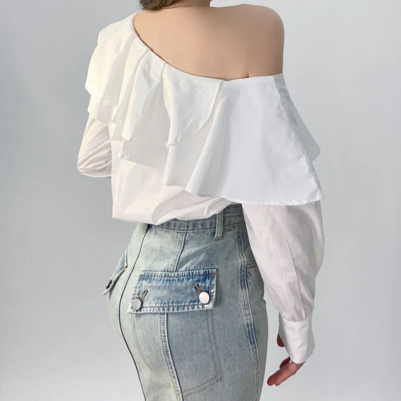 New Long Sleeve Women Blouse Ruffle White  Lantern Sleeve Tops Off Shoulder Sexy Shirt Elegant Cotton Clothing