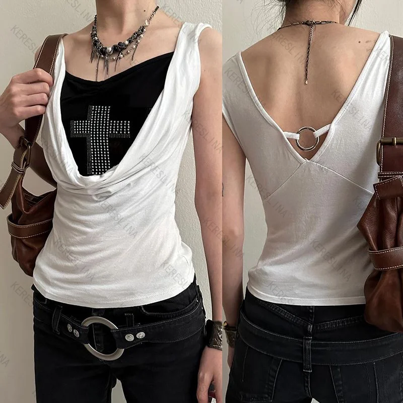 

Gothic retro sexy girls style fake two piece T-shirt top European and American high street fashion versatile swinging collar top