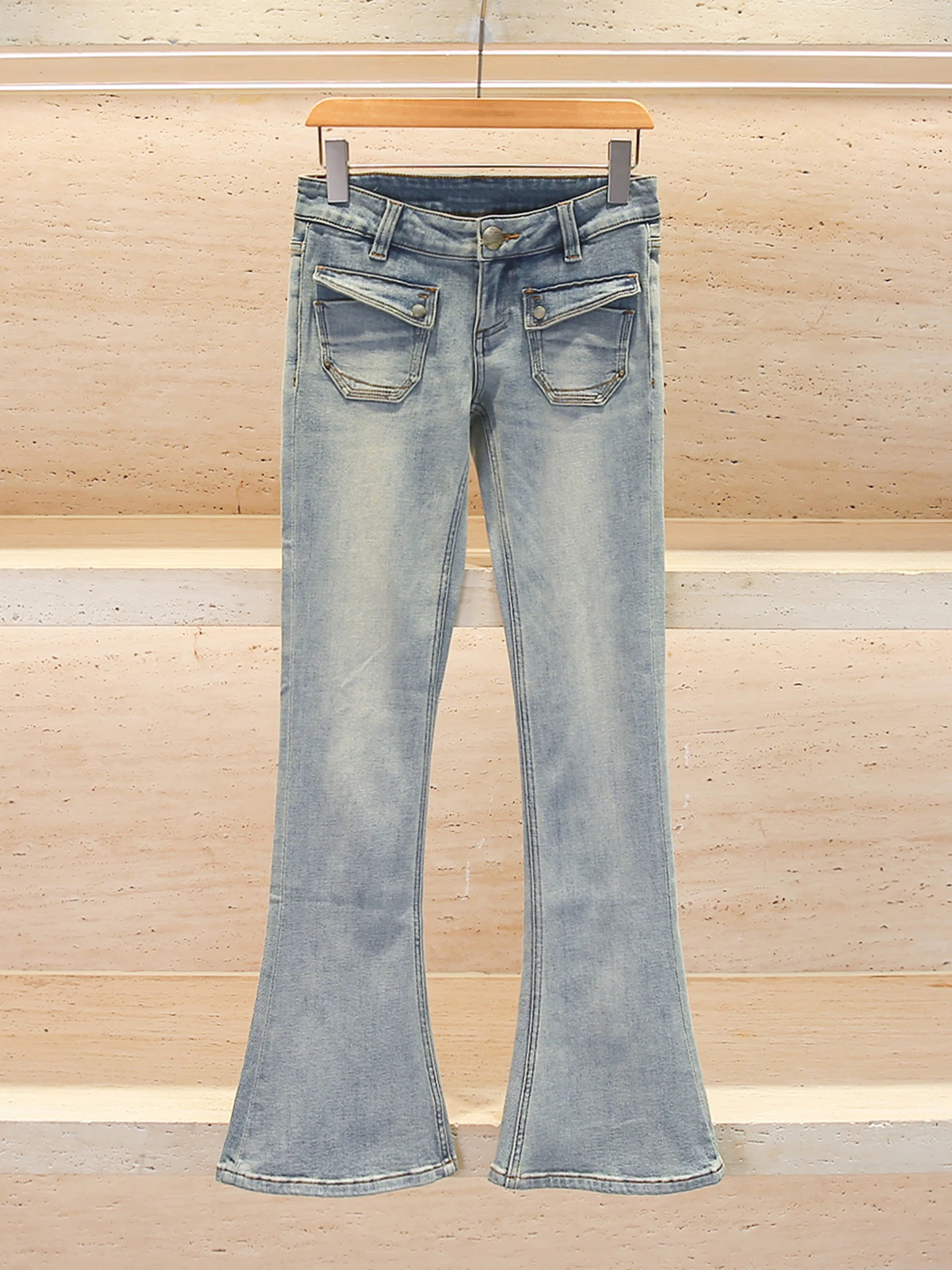 

Retro Washed Slim Fit Micro Flared Jeans Women's Premium Summer New Arrival Casual Low Waist Wide Leg Blue Denim Pants