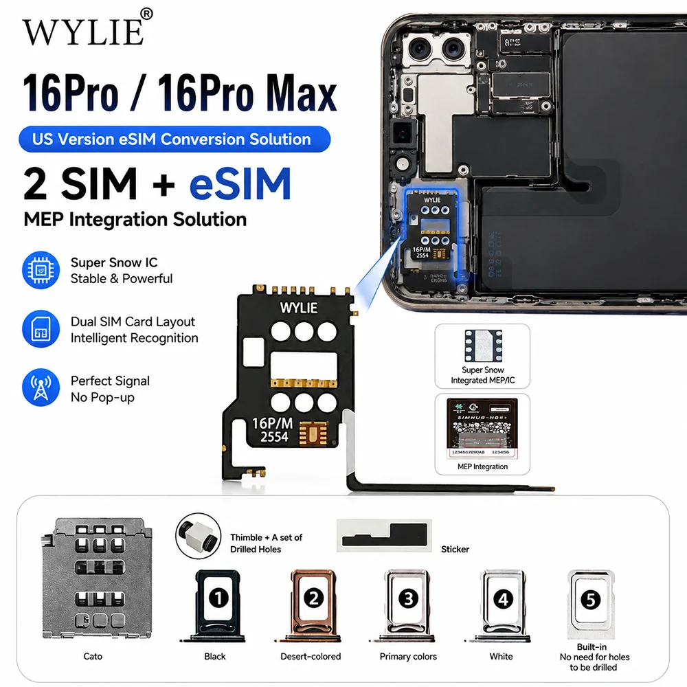 Wylie US Version Dual 2 Physical SIM Card + ESIM Solution Flex Cable for IPhone16 Pro 16 Pro Max Locked Phone Support Snow IC