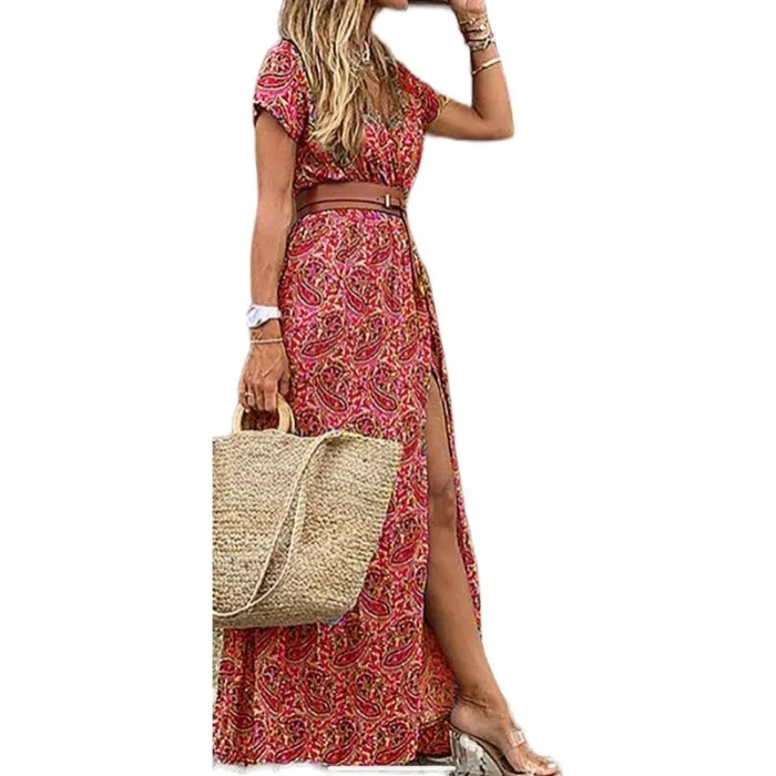 Stampa floreale blu estiva V-Ne ort Sve Long Dr Travel da donna n Sle A-Line Dr Vita alta Sweet Sle