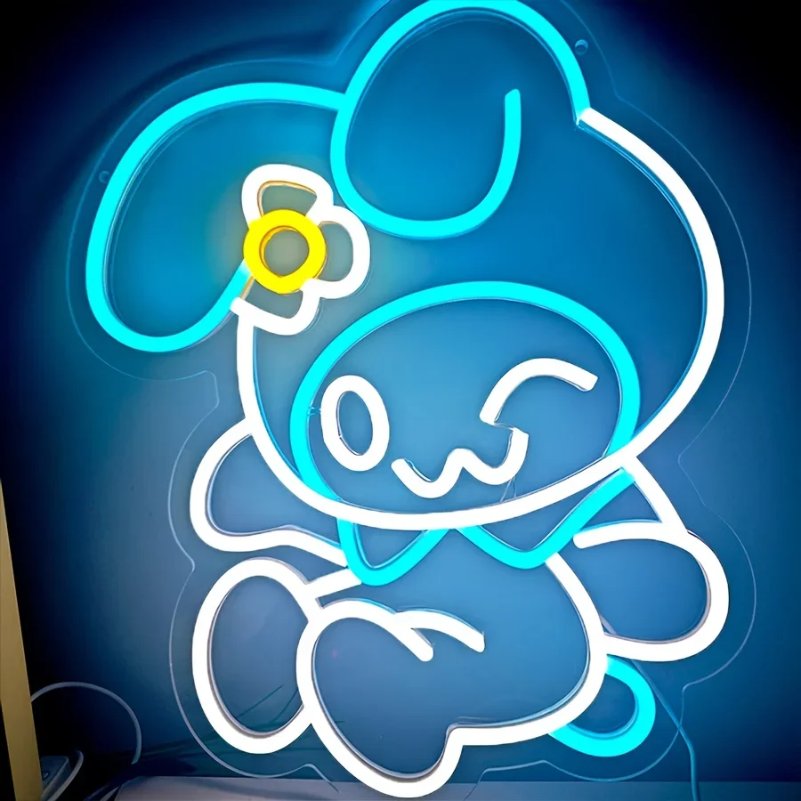 

Неоновая вывеска Sanrio с милым кроликом и маленьким цветком, синяя светодиодная неоновая подсветка для детской спальни, игровой комнаты, декора стен, детского сада, мультяшный декор