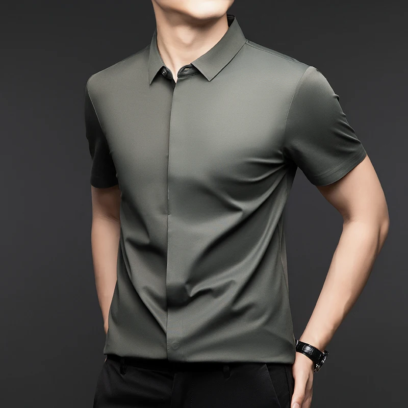 

Luxury Solid Color Shirts for Men Summer Slim Fit Casual Business Short Sleeve Shirt Social Party Streetwear Tuxedo Blouse