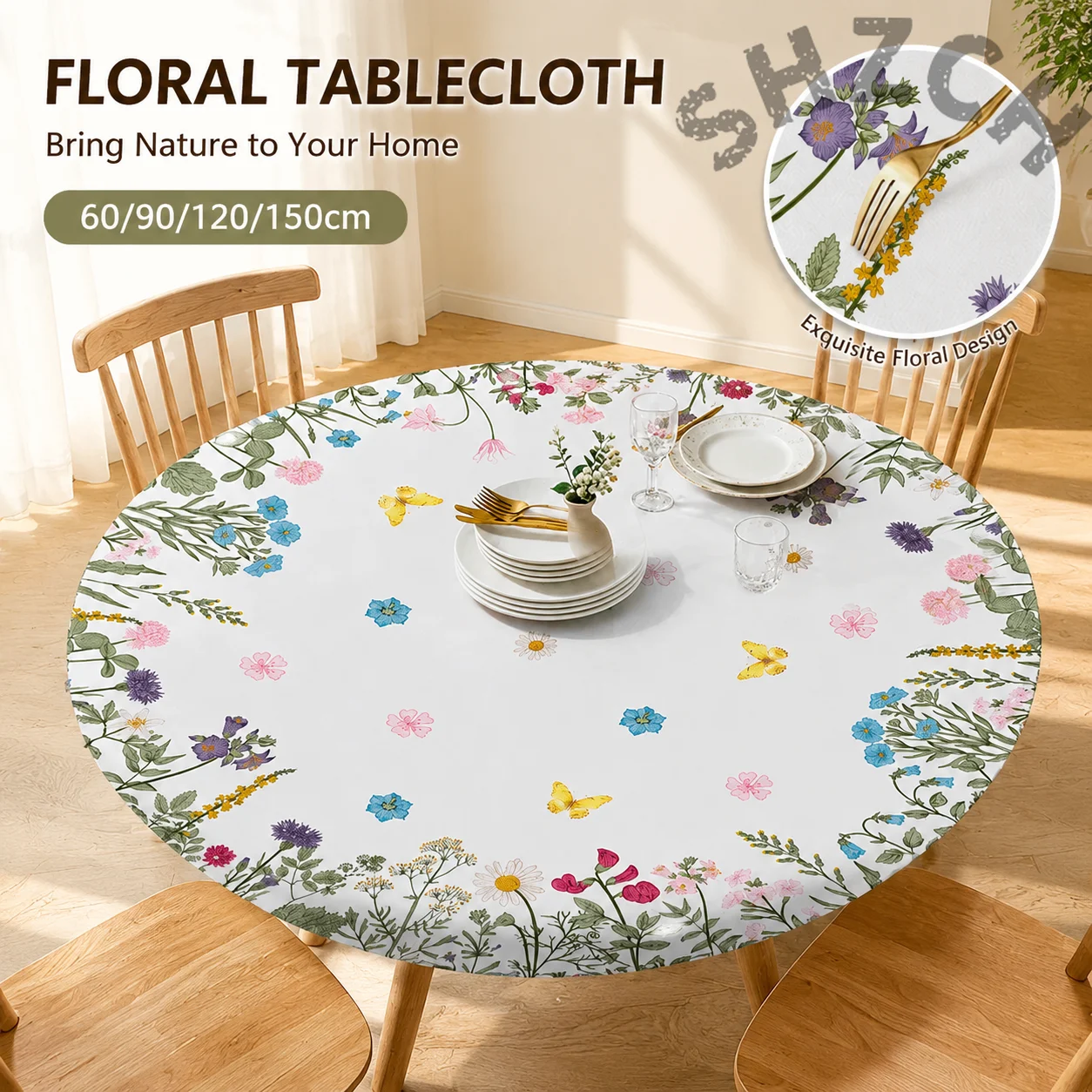 Country Style Round Table Protector Wildflower Butterfly Print Stretch Tablecloth Scratch-Proof Table Cover for Indoor Outdoor