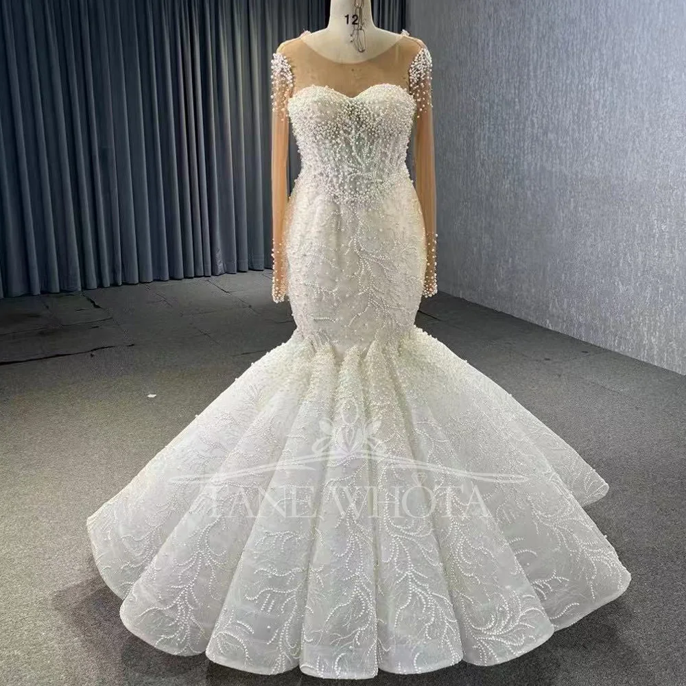 Robe Mariée O-Neck Long Sleeve Beading Pearls Customized Luxury Mermaid Wedding Dress