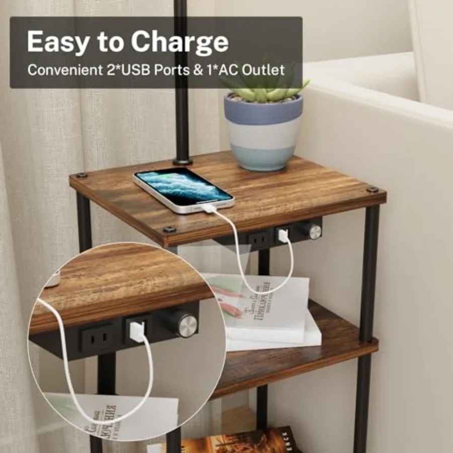 Floor Lamp with Table and Shelves Side Table with USB Charging Port and Outlet Modern Bedside Nightstand End Table with Lamp fo