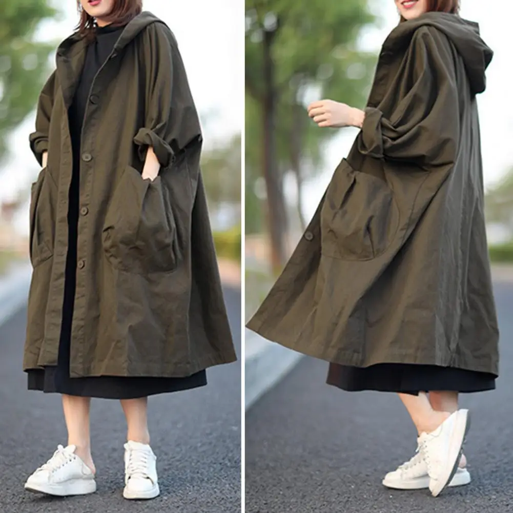 Multi-button Placket Jacket Stylish Hooded Women's Cardigan Coat with Drawstring Large Pockets for Fall Spring for Daily