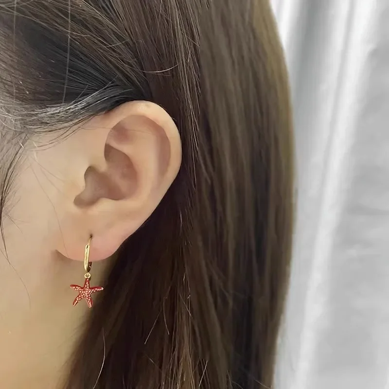 Wholesale Creative Starfish Hoop Earrings for Women Girls Fashion Enamel Orange Red Pendientes Jewelry Earrings