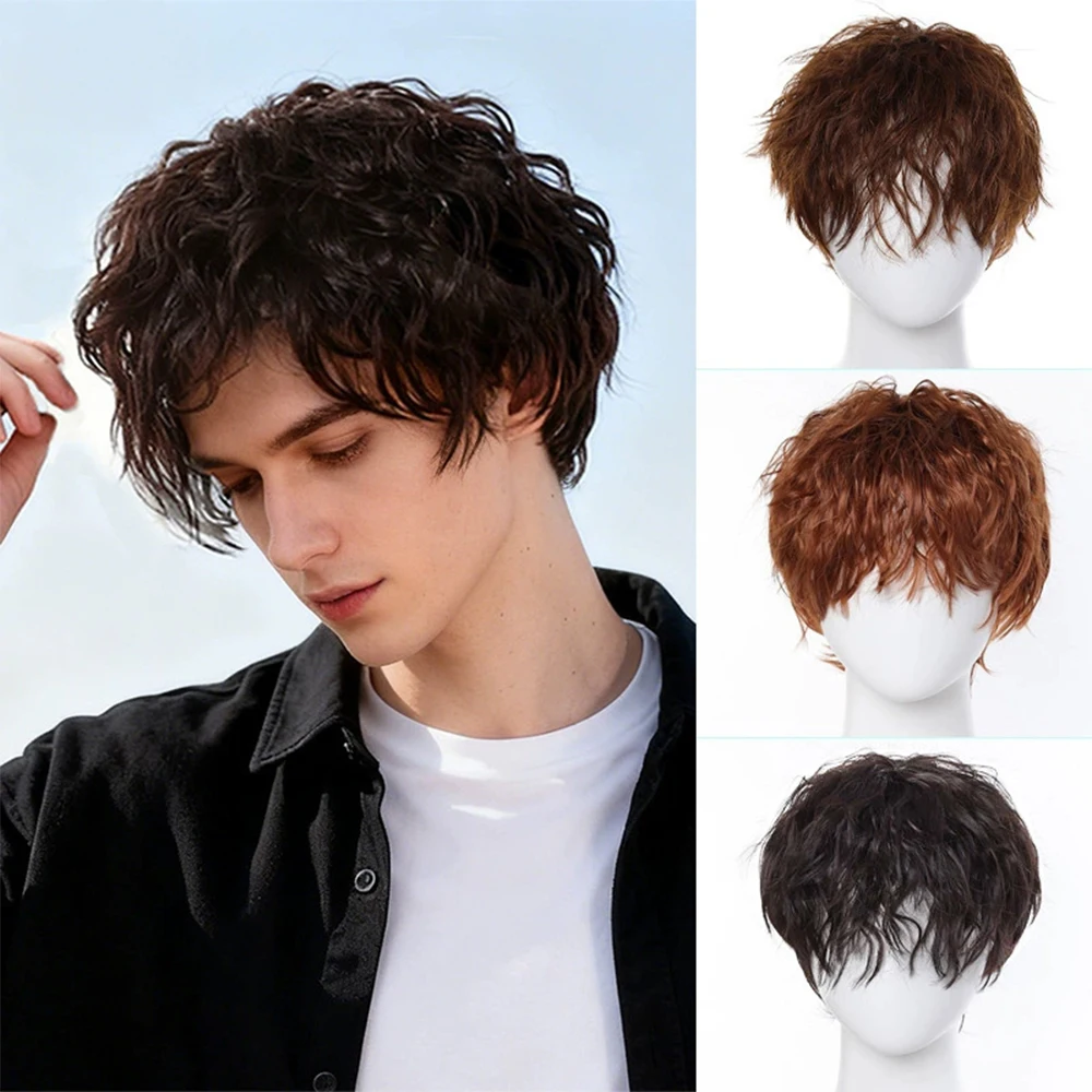  Men's Synthetic Adult Kinky Curly Wig, High Temperature Fiber, 150% Density, with Buckle Net Cap, Daily Wear, Wig Cap
