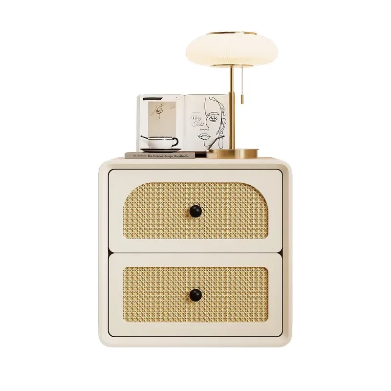 Solid Wood Rattan Bedside Table Modern Narrow Nightstand Small Storage Cabinet for Bedroom Gap Space Simple Home Furniture