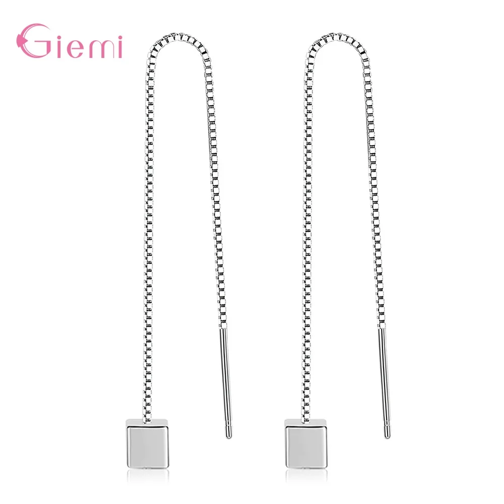 Long Tassel Chain Cube Pendant Dangle Earrings For Women Hot Sale Ear Dangle Jewelry Genuine 925 Sterling Silver Orecchini