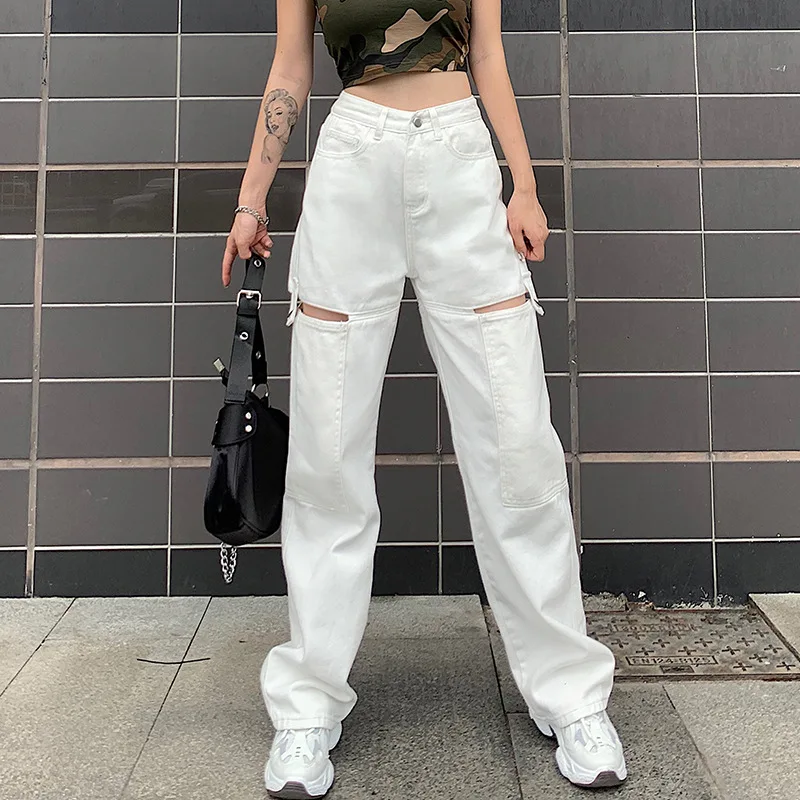 

Women Vintage Boyfriend Style High Waist Mom Wide Leg Jeans Ripped Straight Jean oversized Hollow Out Denim Pants Street Trouser