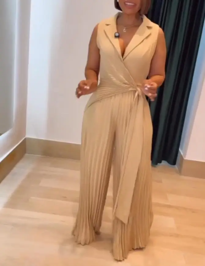 Jumpsuit Women Notched Collar Sleeveless Wrap Front Tied Detail Jumpsuit Casual Elastic Back Waist Wide Leg Pleated Jumpsuit